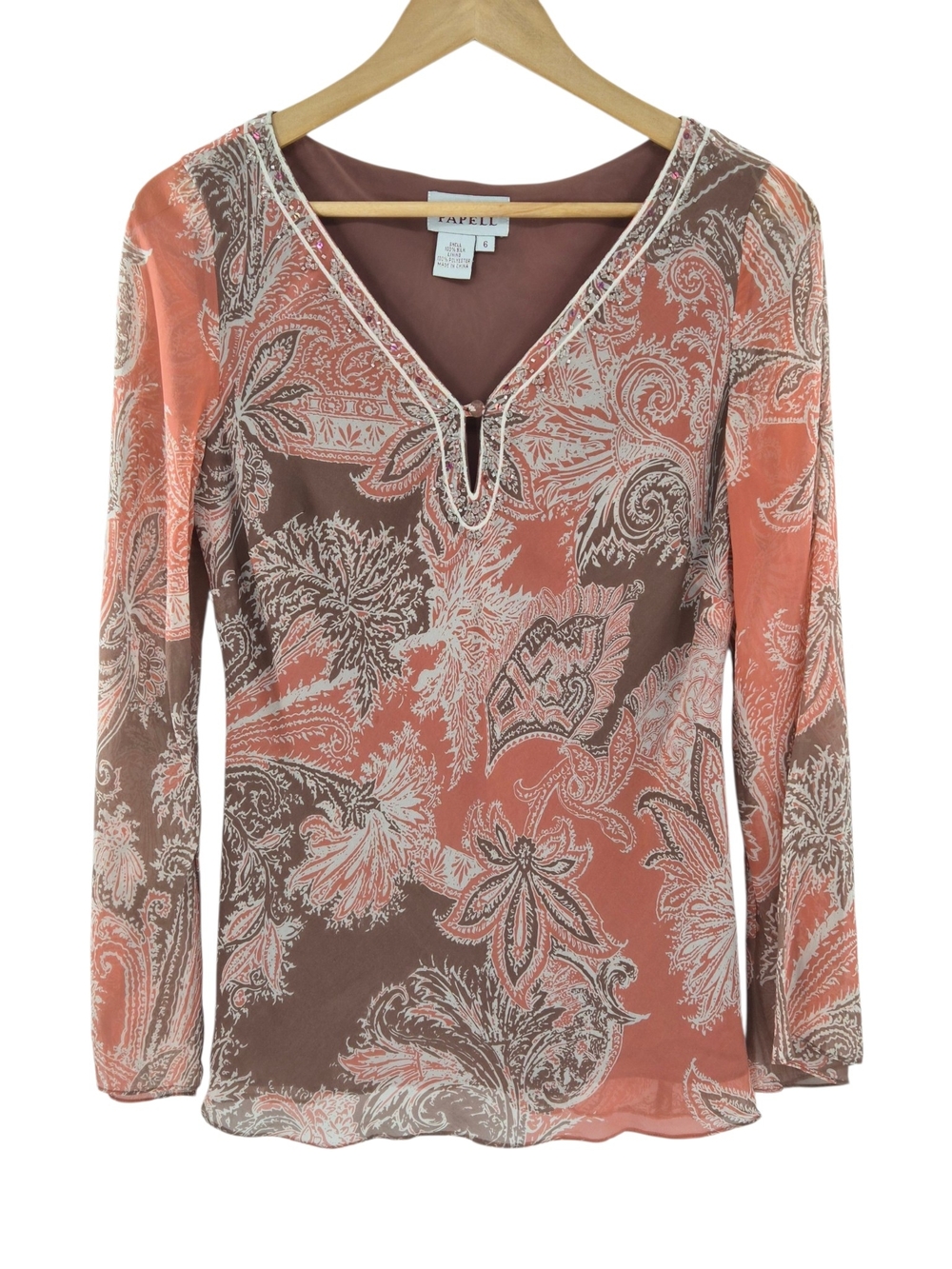 Adrianna Papell Silk Paisley Blouse 6 Pink Brown Beaded Keyhole Elegant Wedding